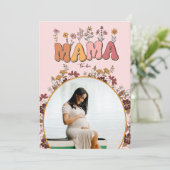 レトロ フラワー カラフル ママ トゥ ビー フォト ベイビー シャワー 招待状 (スタンド正面)