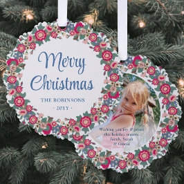レトロ フラワー クリスマス リース メリークリスマス 写真入り オーナメントカード