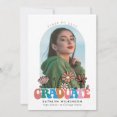 レトロ フラワー クール タイポグラフィー フォト 卒業 招待状 (正面)