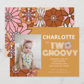 レトロ フラワー デイジー ツー グルーヴィー バースデー 招待状 (正面/裏面)