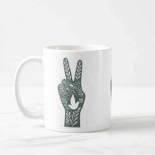 レトロ フラワー ピースサインとハトの芸術植物の太陽 コーヒーマグカップ (左)