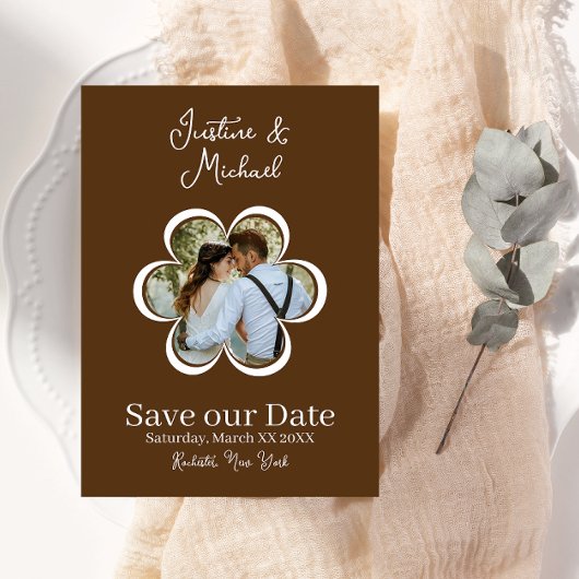 レトロ フラワー フォト ブラウン ウェディング セーブ ザ デート 招待状