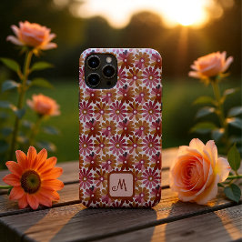 レトロ フラワー モノグラム ピンクとブラウンの名入れ iPhone 11 PROケース