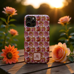 レトロ フラワー モノグラム ピンクとブラウンの名入れ iPhone 11 PROケース