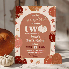 レトロ フローラル パンプキン アーチ 2歳の誕生日 女の子 招待状
