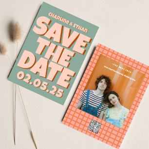 レトロ フンキー ブルー ピンク Save the Date QRコード セーブザデート