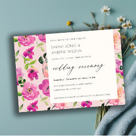 レトロ ブライト ピンク ファン ウォーターカラー フローラル ウェディング 招待状