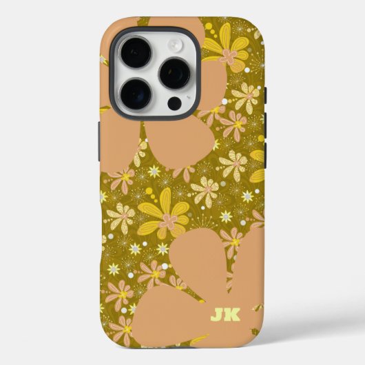 レトロ ブラウンとイエローの花柄モノグラム Case-Mate iPhoneケース (裏面)