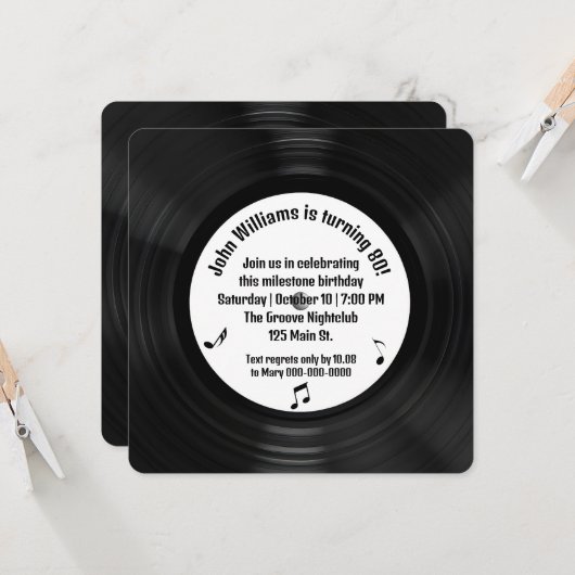 レトロ ブラック ビニール LP レコード 80歳の誕生日パーティー 招待状 (正面/裏面インサイチュ)