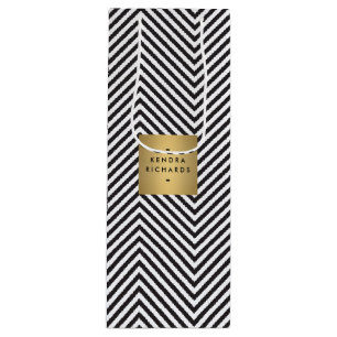 レトロ ブラック＆ホワイト パターン ゴールド ネーム ロゴ ワイン ワインギフトバッグ