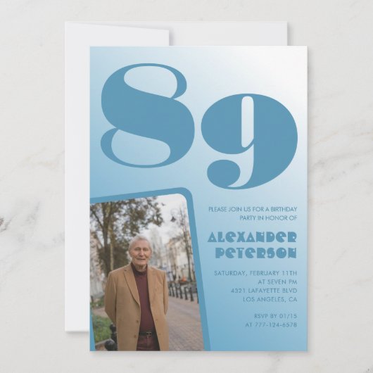 レトロ ブルーグラデーション 写真 男性 89歳の誕生日 招待状 (正面)