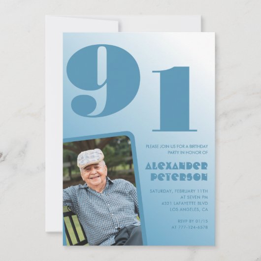 レトロ ブルーグラデーション 写真 男性 91歳の誕生日 招待状 (正面)