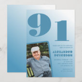 レトロ ブルーグラデーション 写真 男性 91歳の誕生日 招待状 (正面/裏面)
