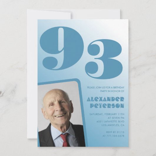 レトロ ブルーグラデーション 写真 男性 93歳の誕生日 招待状 (正面)
