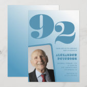 レトロ ブルーグラデーション 写真 92歳の誕生日 男性用 招待状 (正面/裏面)