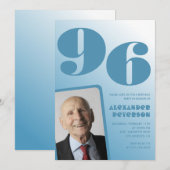 レトロ ブルーグラデーション 写真 96歳の誕生日 男性用 招待状 (正面/裏面)