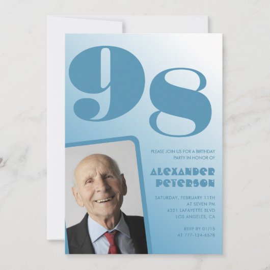 レトロ ブルーグラデーション 写真 98歳の誕生日 お父さん用 招待状 (正面)