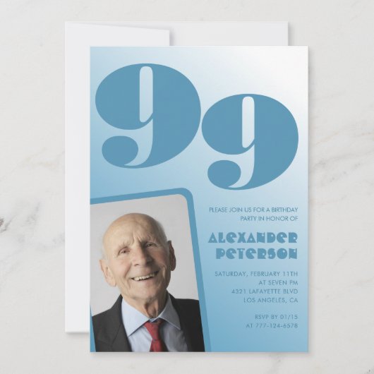 レトロ ブルーグラデーション 写真 99歳の誕生日 男性用 招待状 (正面)