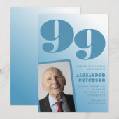 レトロ ブルーグラデーション 写真 99歳の誕生日 男性用 招待状 (正面/裏面)