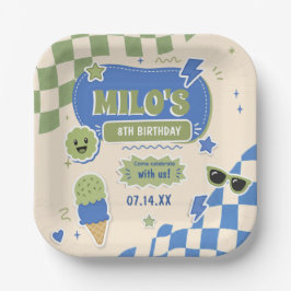 レトロ ブルー グリーン 男の子 誕生日 ペーパープレート