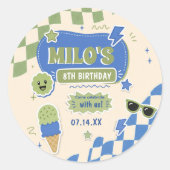 レトロ ブルー グリーン 男の子 誕生日 ラウンドシール (正面)