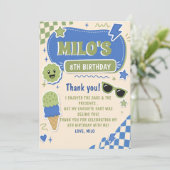 レトロ ブルー グリーン 男の子 誕生日 招待状 (スタンド正面)