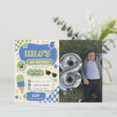 レトロ ブルー グリーン 男の子 誕生日 招待状 (スタンド正面)