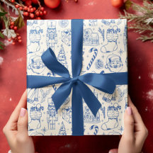レトロ ブルー ドゥードル クリスマス ラッピングペーパー