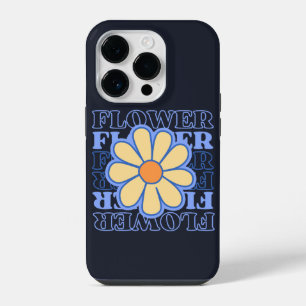レトロ ブルー フラワー 柄 タイポグラフィー 花好き iPhone 14 PROケース