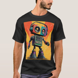 レトロ・ブームボックス・ロボットとヘッドホン - カラフル・コム Tシャツ