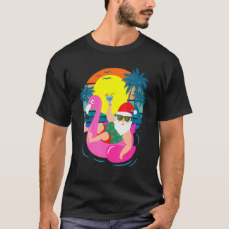 レトロ プールパーティ サンタ サングラス フラミンゴ クリスマス Tシャツ