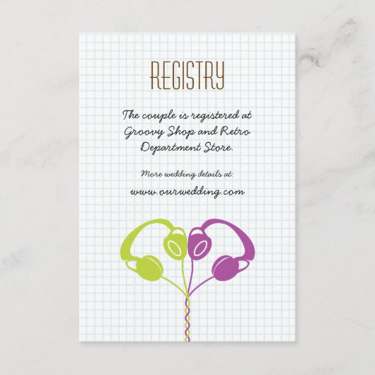 レトロ ヘッドホン ハート ミュージック ウェディング パープル ライム エンクロージャーカード (正面)