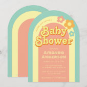 レトロ ベイビー シャワー グルーヴィー アーチ レインボー 70年代 フラワー 招待状 (正面/裏面)