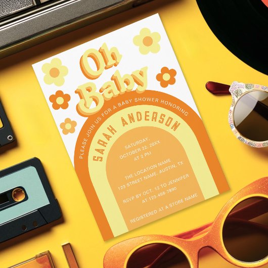 レトロ ベイビー シャワー グルーヴィー 70年代 フラワーパワー 招待状