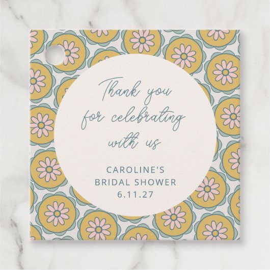 レトロ ボホ フラワー イエロー カスタム シャワー サンクス フェイバータグ (正面)