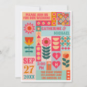 レトロ ボホ フラワー ボールド アンド ブライト QRコード ウェディング 招待状 (正面)