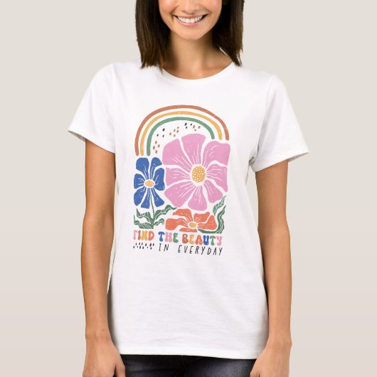 レトロ・ボホ・フラワー・レインボー・クオート Tシャツ (正面)