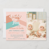 レトロ ボーホー ツインズ バースデー パーティー フォト 招待状 (正面)