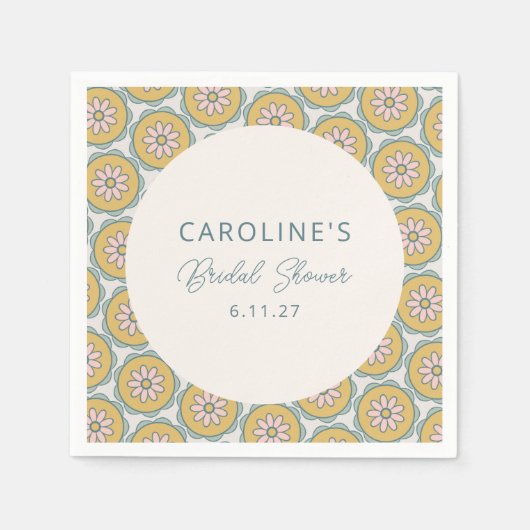 レトロ ボーホー フラワー イエロー カスタム ブライダル シャワー スタンダードカクテルナプキン (正面)