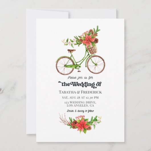 レトロ・ポインセチア自転車のクリスマス・ホリデー・ウェディング 招待状 (正面)