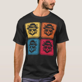 レトロ ポップアート クールキャット 4パネル カラーブロック Tシャツ