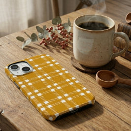 レトロ マスタードイエローとホワイトのテクスチャード プリント柄 iPhone 15ケース