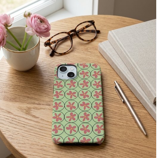 レトロ ミッドセンチュリー セージグリーンとピンクの幾何学模様 Case-Mate iPhoneケース