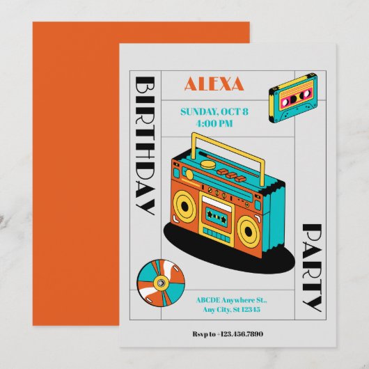 レトロ ミュージック プレーヤー 誕生日 招待状 (正面/裏面)