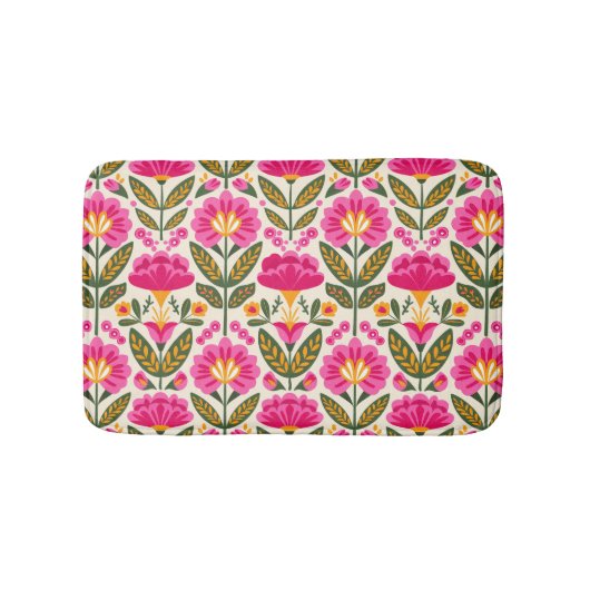 レトロ・メキシカンタラベラの花 フューシャピンクの花柄 バスマット (正面)