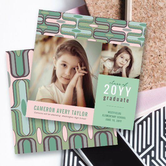レトロ モッド ピンク＆ミント オージー 2 フォト 卒業 招待状