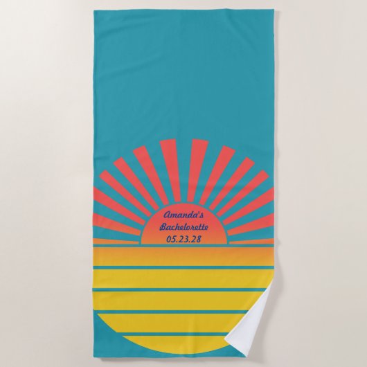 レトロ ライジングサン ブライズメイド ブルー レッド イエロー ビーチタオル (正面)