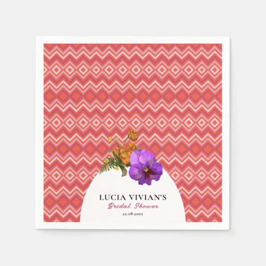レトロ ライン フラワー マジェンタ フクシア ブライダル シャワー スタンダードカクテルナプキン (正面)