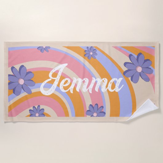 レトロ、レインボー、グルービー誕生日、ビーチ ビーチタオル (正面)