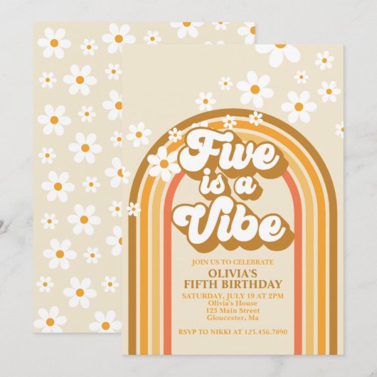 レトロ・レインボー・FIVE is a Vibe グルービー5歳の誕生日 招待状 (正面/裏面)